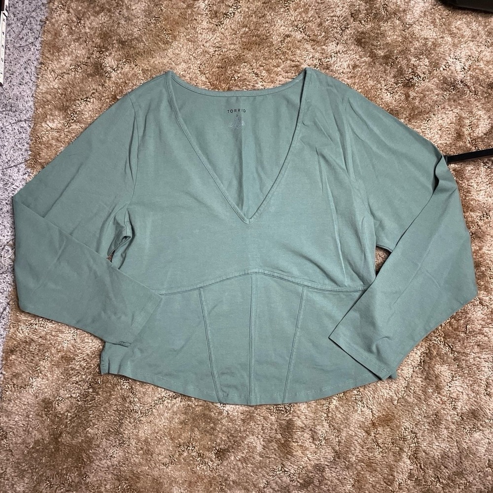 Torrid Foxy V-Neck Corset Dark Forest Green‎ Long Sleeve Top Plus Size 3